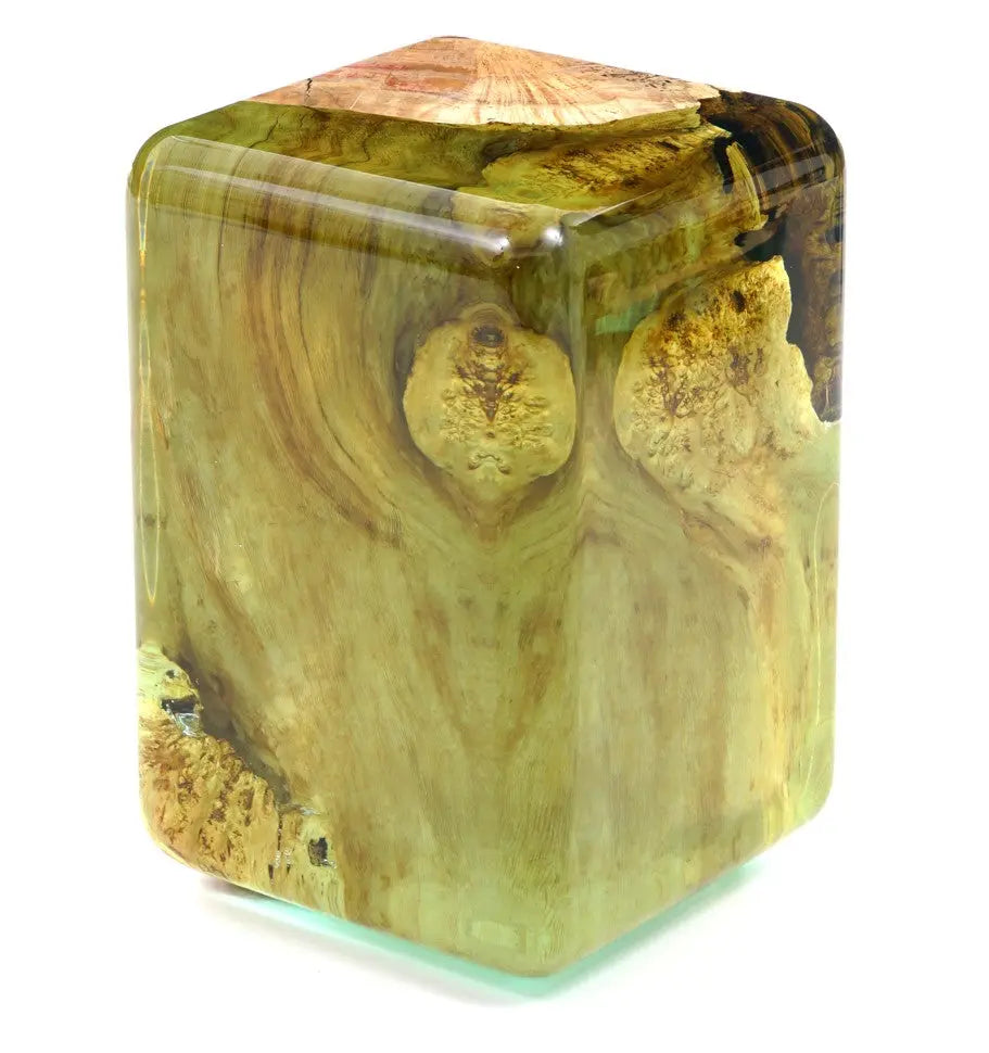 Handcrafted Resin Cube Side Table with epoxy wood finish in modern living room
