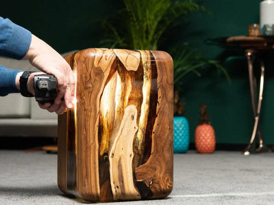 Handcrafted Resin Cube Side Table with epoxy wood finish in modern living room
