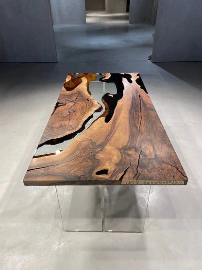 Resin Walnut River Dining Room Table with Voronoi epoxy resin river and laser-cut metal legs