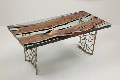 Resin Walnut River Dining Room Table with Voronoi epoxy resin river and laser-cut metal legs
