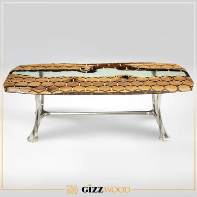 Hexagon Resin Dining Table made of walnut wood and epoxy resin with aluminum legs