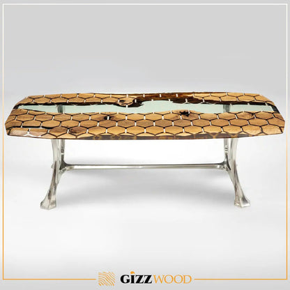 Hexagon Resin Dining Table made of walnut wood and epoxy resin with aluminum legs