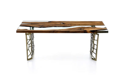 Resin Walnut River Dining Room Table with Voronoi epoxy resin river and laser-cut metal legs