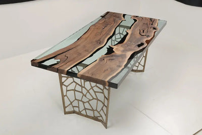 Resin Walnut River Dining Room Table with Voronoi epoxy resin river and laser-cut metal legs