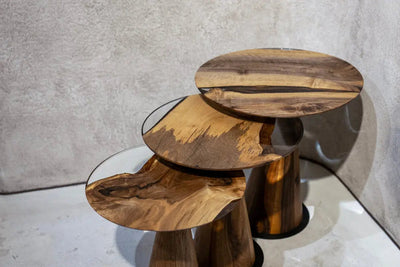 Set of three Resin Nesting Tables with zigzag epoxy and wood design in walnut and chestnut finishes