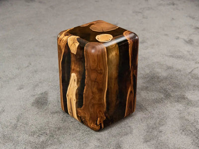 Handcrafted Resin Cube Side Table with epoxy wood finish in modern living room