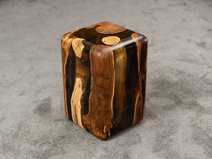 Handcrafted Resin Cube Side Table with epoxy wood finish in modern living room