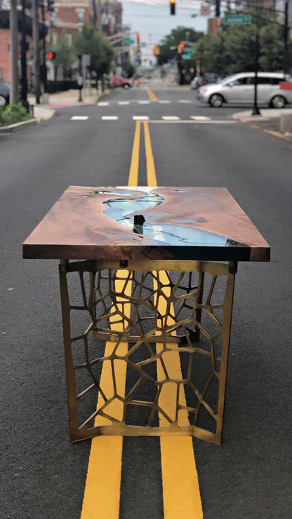 Resin Walnut River Dining Room Table with Voronoi epoxy resin river and laser-cut metal legs
