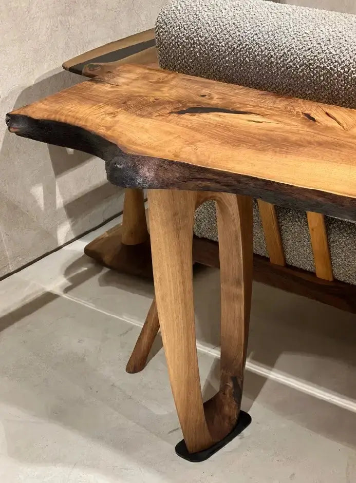 Rustic Walnut Console Table with live edge and handcrafted curved wooden legs