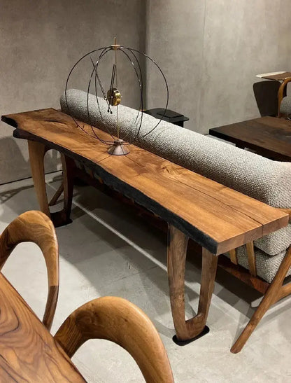 Rustic Walnut Console Table with live edge and handcrafted curved wooden legs