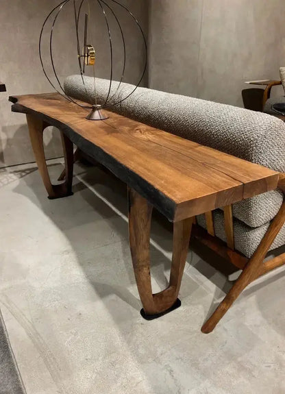 Rustic Walnut Console Table with live edge and handcrafted curved wooden legs