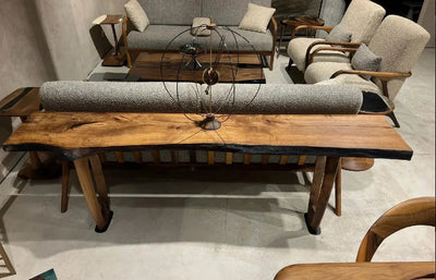 Rustic Walnut Console Table with live edge and handcrafted curved wooden legs