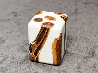 Handcrafted Resin Cube Side Table with epoxy wood finish in modern living room