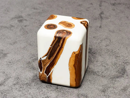 Handcrafted Resin Cube Side Table with epoxy wood finish in modern living room