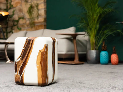 Handcrafted Resin Cube Side Table with epoxy wood finish in modern living room