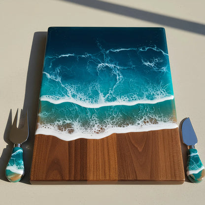 Ocean Resin Walnut Charcuterie Board Set – Cheese & Knife Gift Set