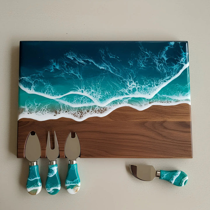 Handcrafted walnut charcuterie board with ocean resin waves and four matching walnut-handled cheese knives