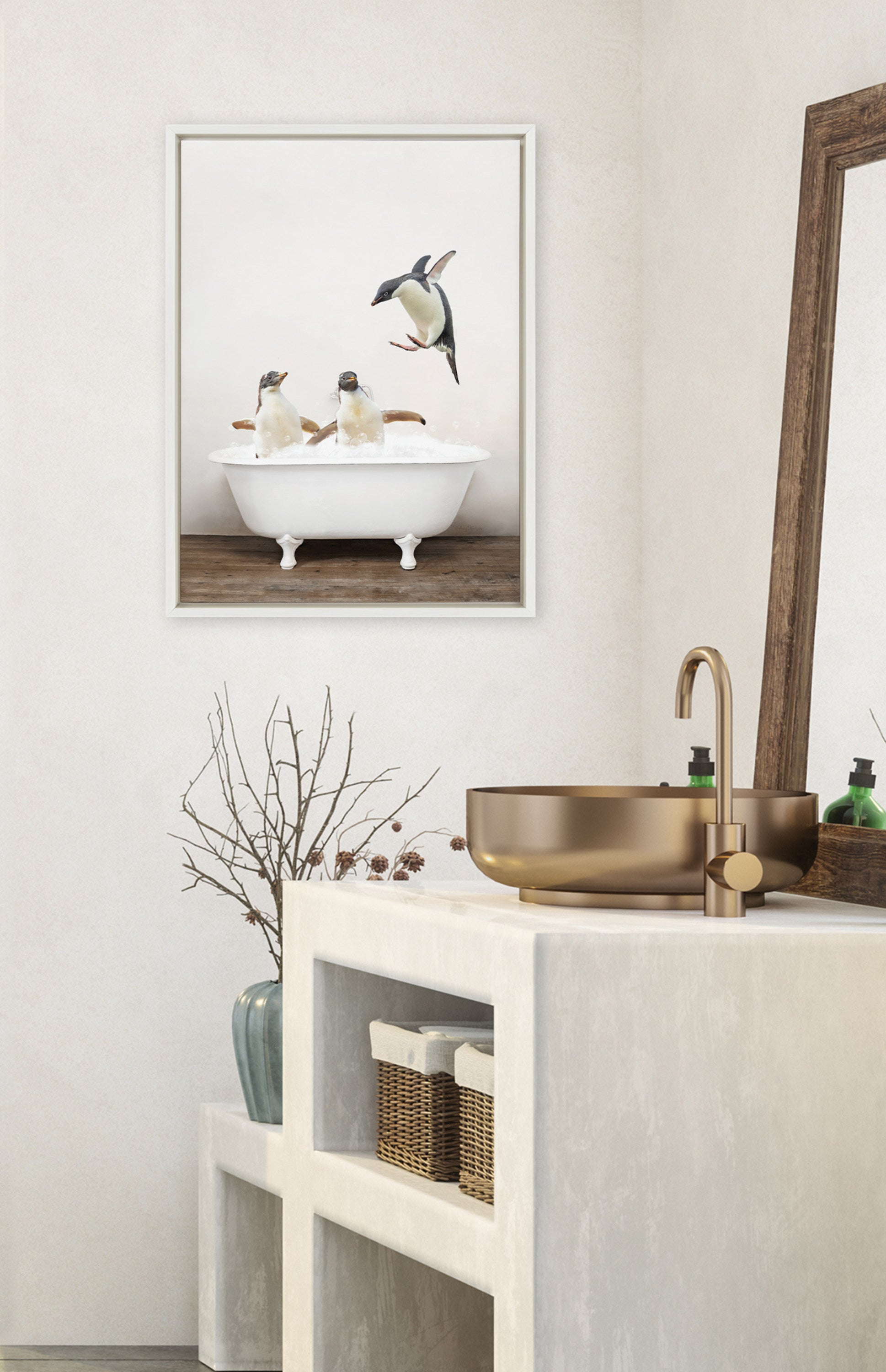 Sylvie Penguins Playing in Rustic Bath Framed Canvas by kateandlaurel - product image 4 for Resin Society