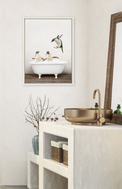 Sylvie Penguins Playing in Rustic Bath Framed Canvas by kateandlaurel - product image 4 for Resin Society