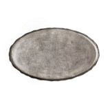 Oval metal tray with a textured, mottled silver-gray surface and slightly scalloped edges.
