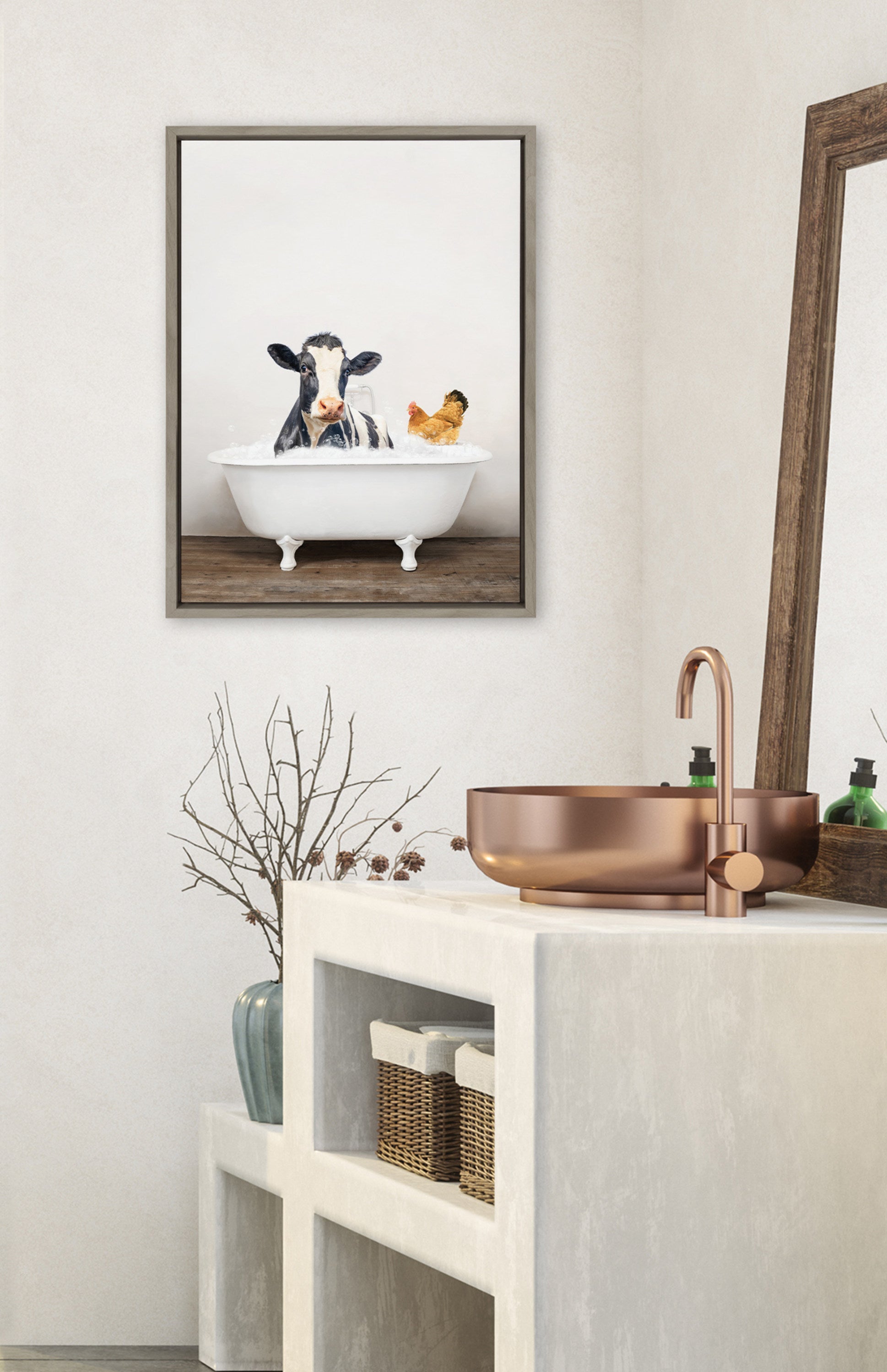 Sylvie Cow and Chicken in Rustic Bath Framed Canvas by kateandlaurel - product image 16 for Resin Society