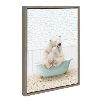 Framed floating canvas art showing a mother and baby polar bear bathing in a little fish-themed tub