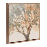 Impressionistic tree painting with muted blue, beige, and brown leaves on canvas, framed with a textured beaded gold frame.