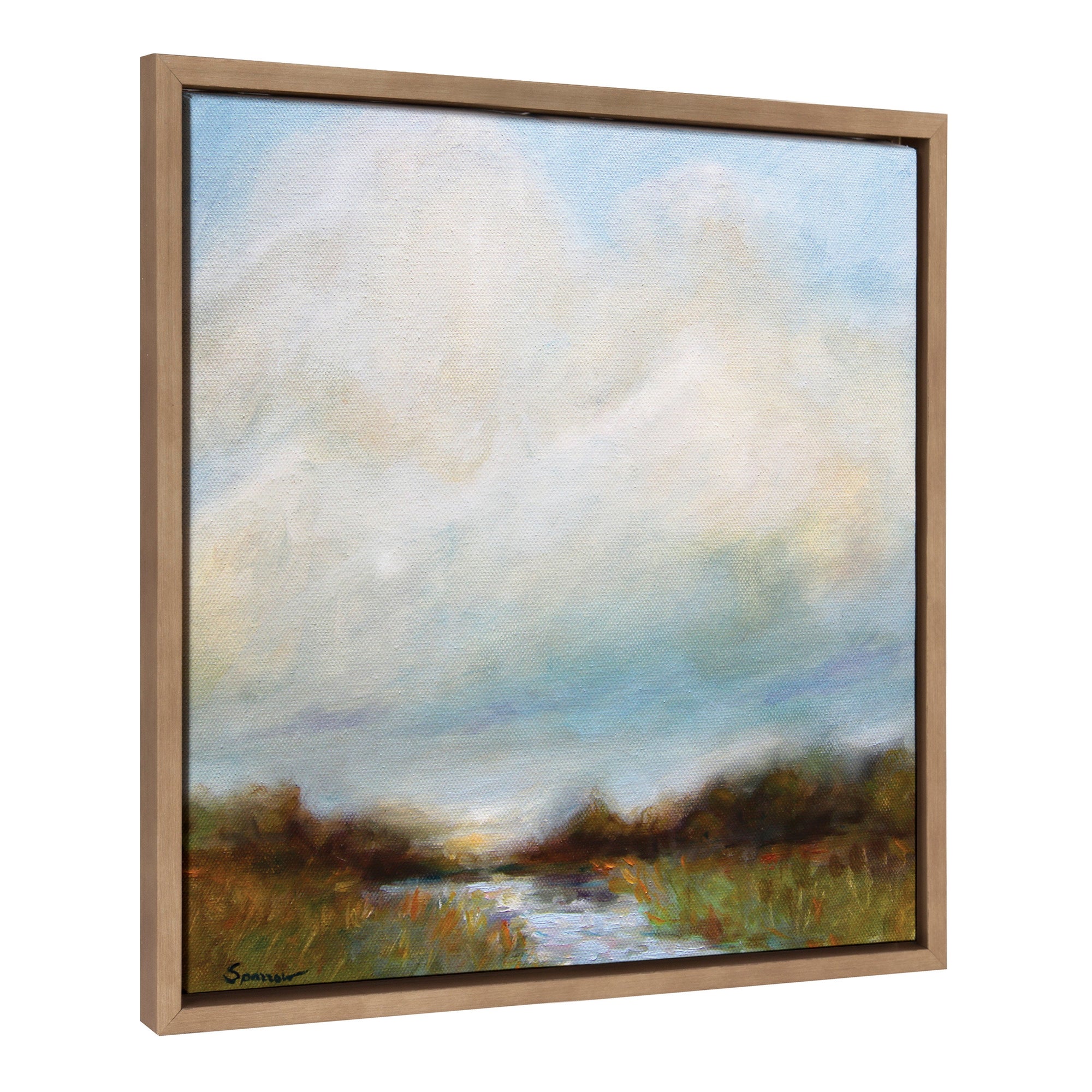 Sylvie Tranquility framed canvas art showing a serene landscape inside a gold modern frame.