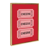 Framed red canvas with three vertically stacked pink tickets, each featuring the word 'CHEERS' in bold black letters and serial number 961004 on both sides.