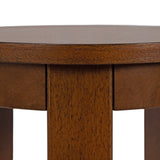 Close-up of the rounded edge and central support leg of a brown wooden side table with smooth finish and visible wood grain