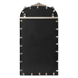 Back view of an arched pinboard with black surface and metal latches around edges, featuring two upper hanging loops and a central horizontal metal support bar