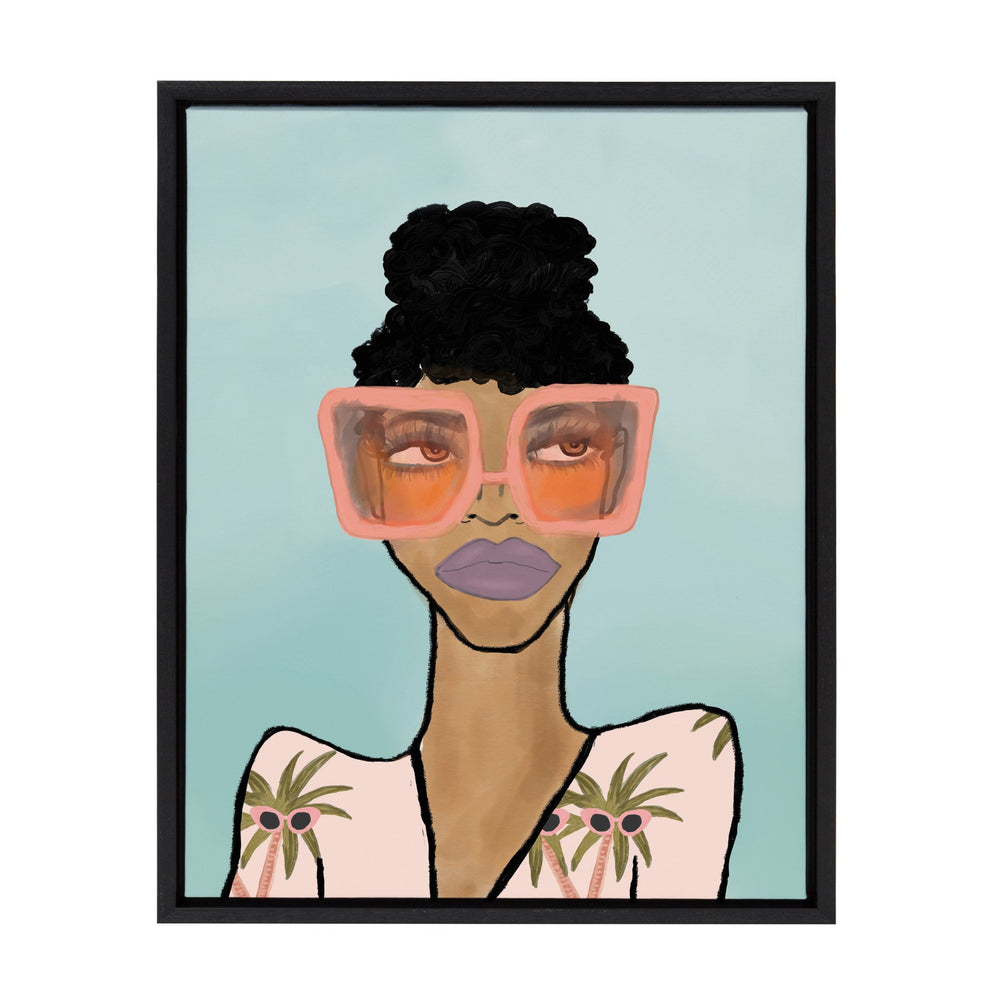 Sylvie Fashion Girl 2 Blue framed canvas art showing a female portrait by Kendra Dandy in a black or natural frame option