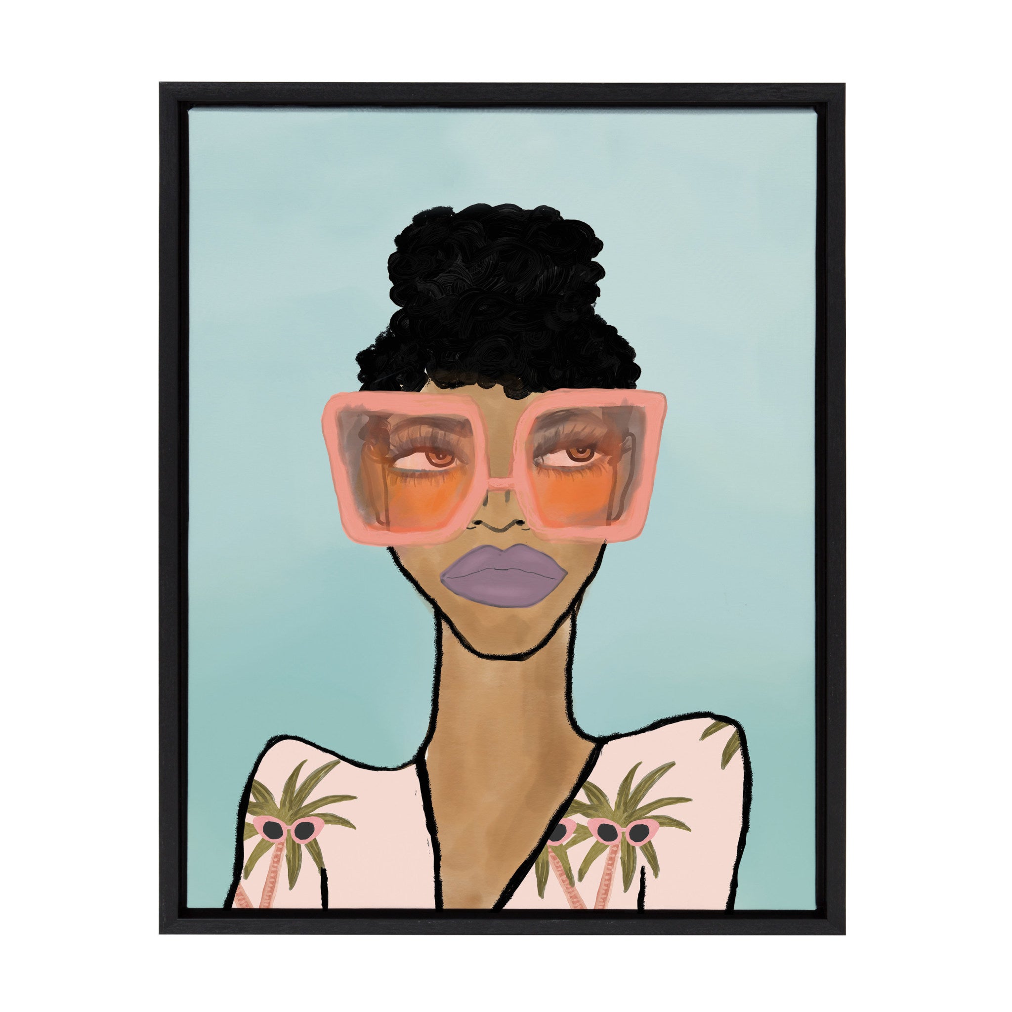 Sylvie Fashion Girl 2 Blue framed canvas art showing a female portrait by Kendra Dandy in a black or natural frame option