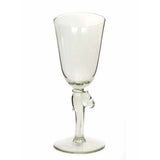 Clear glass wine glass with a stem shaped like a small animal climbing upward, displayed against a plain white background.
