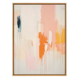 Abstract canvas with vertical drips and blocks of soft peach, orange, yellow, and a small section of dark blue, framed in light wood.