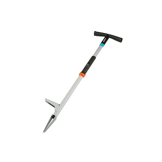 Metal weed puller with a silver shaft, black and orange collar, and black T-shaped handle, featuring pointed claws for root extraction.