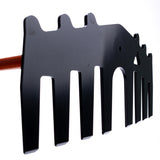 Weston rake showing steel head and wooden handle assembled, displayed outdoors