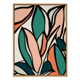 Abstract canvas artwork featuring overlapping large leaves in teal, peach, orange, and cream outlined in bold black strokes within a light wooden frame.