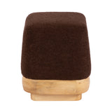 Square ottoman with dark brown textured fabric top and light natural wood base with rounded edges, viewed straight-on from the front.