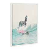 Sylvie Beaded Zebra Surfer framed canvas art showing a zebra surfing, set in a vintage beaded floating frame