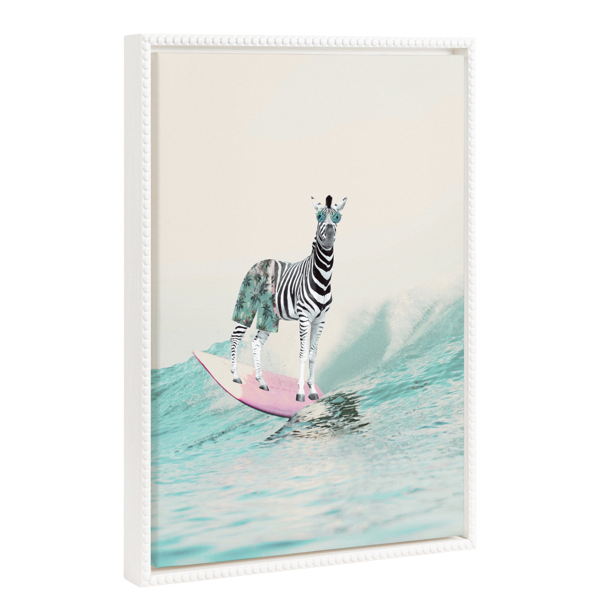 Sylvie Beaded Zebra Surfer framed canvas art showing a zebra surfing, set in a vintage beaded floating frame