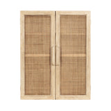 Two-door wall cabinet with beige wooden frame and woven rattan paneling on each door, featuring an integrated vertical handle in the center
