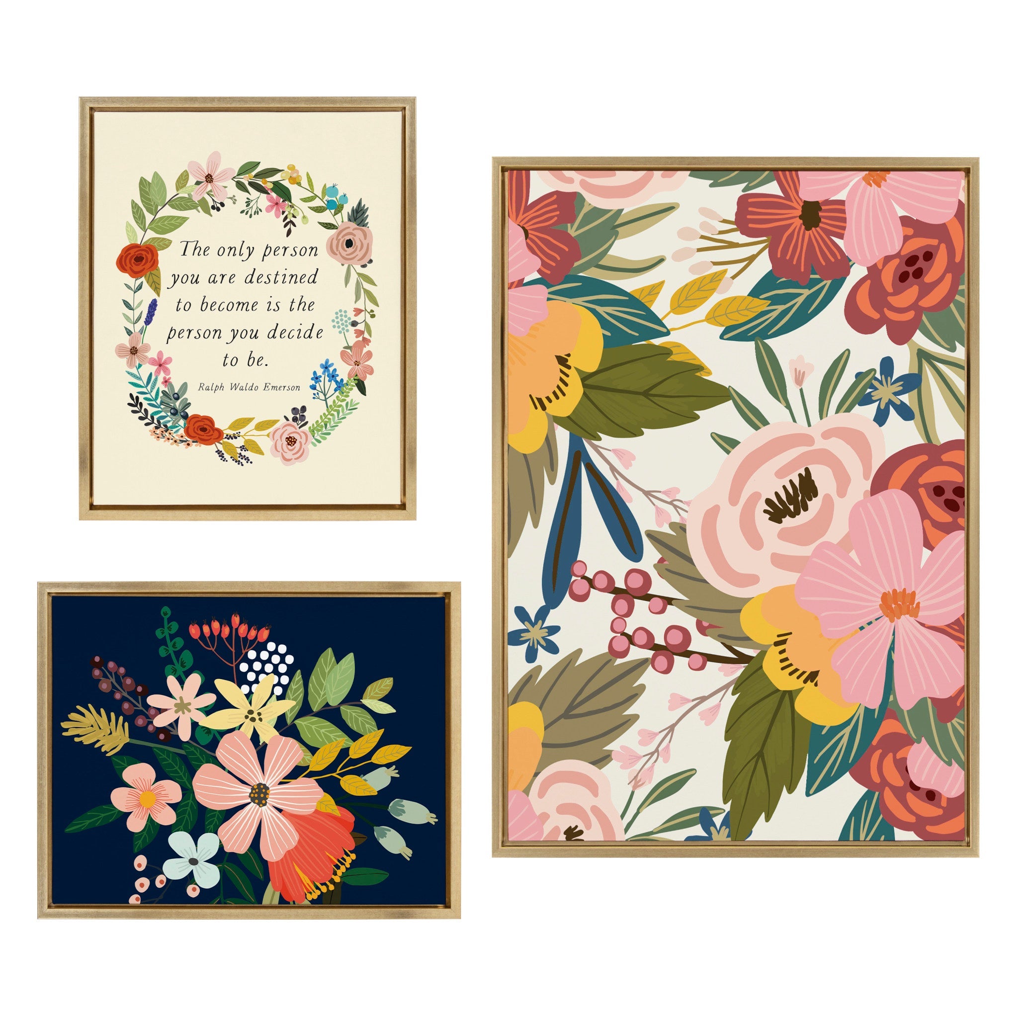 Set of three framed canvas artworks depicting floral bouquet illustrations, with bright gold frames, hanging on a white wall.