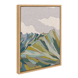 Abstract canvas painting of the Matterhorn mountain with layered geometric shapes in muted blues, greens, and yellows beneath a textured light gray sky, framed in natural wood.