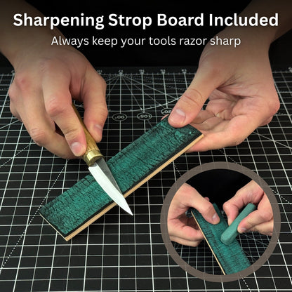 Whale Carving Kit with knife, wooden blocks, sandpaper, sharpening board, pencil, and whale drawing template