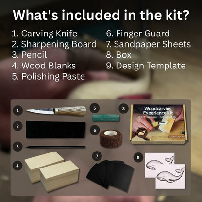 Whale Carving Kit with knife, wooden blocks, sandpaper, sharpening board, pencil, and whale drawing template