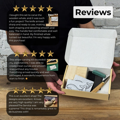 Whale Carving Kit with knife, wooden blocks, sandpaper, sharpening board, pencil, and whale drawing template
