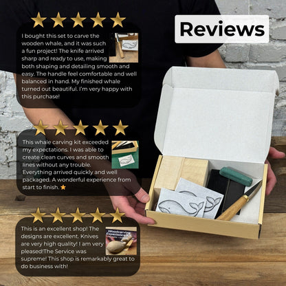 Whale Carving Kit with knife, wooden blocks, sandpaper, sharpening board, pencil, and whale drawing template