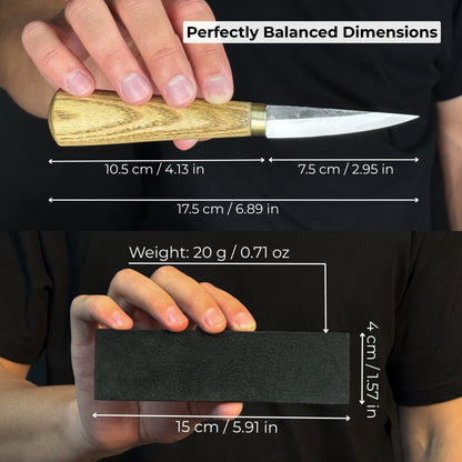 Whale Carving Kit with knife, wooden blocks, sandpaper, sharpening board, pencil, and whale drawing template