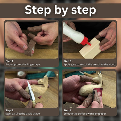 Whale Carving Kit with knife, wooden blocks, sandpaper, sharpening board, pencil, and whale drawing template